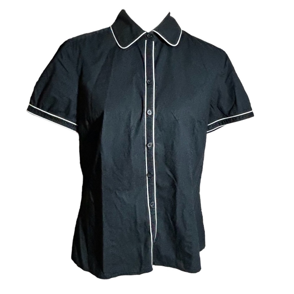 Ann Taylor Black Cotton Short Sleeve Button Top with White Contrast Trim Size 12